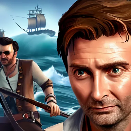 Image similar to david Tennant in the Sea of thieves, ultra detailed, sharp focus, art by artgerm, 8k, game screenshot, hyperrealistic