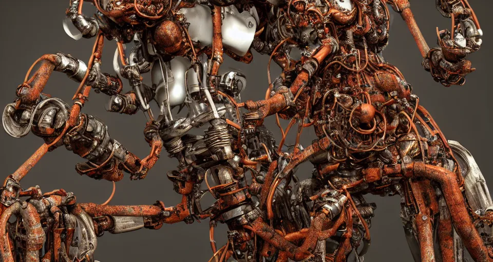 Prompt: Techno-biological rusty robot geisha consisting of tumors, veins, bones, kidneys, wires. Biopunk, body-horror, high detail, photorealism, full length view, very rust, concept art, octane render, 16k, 8k