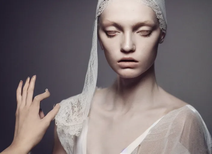 Image similar to nails and needles sticking out of a stupid head, in style of paolo roversi, britt marling style 3 / 4, a beautiful ethereal lace white robe, 8 k, soft focus, soft light, volumetric lighting, highly detailed realistic, refined, highly detailed, natural outdoor soft pastel lighting colors scheme