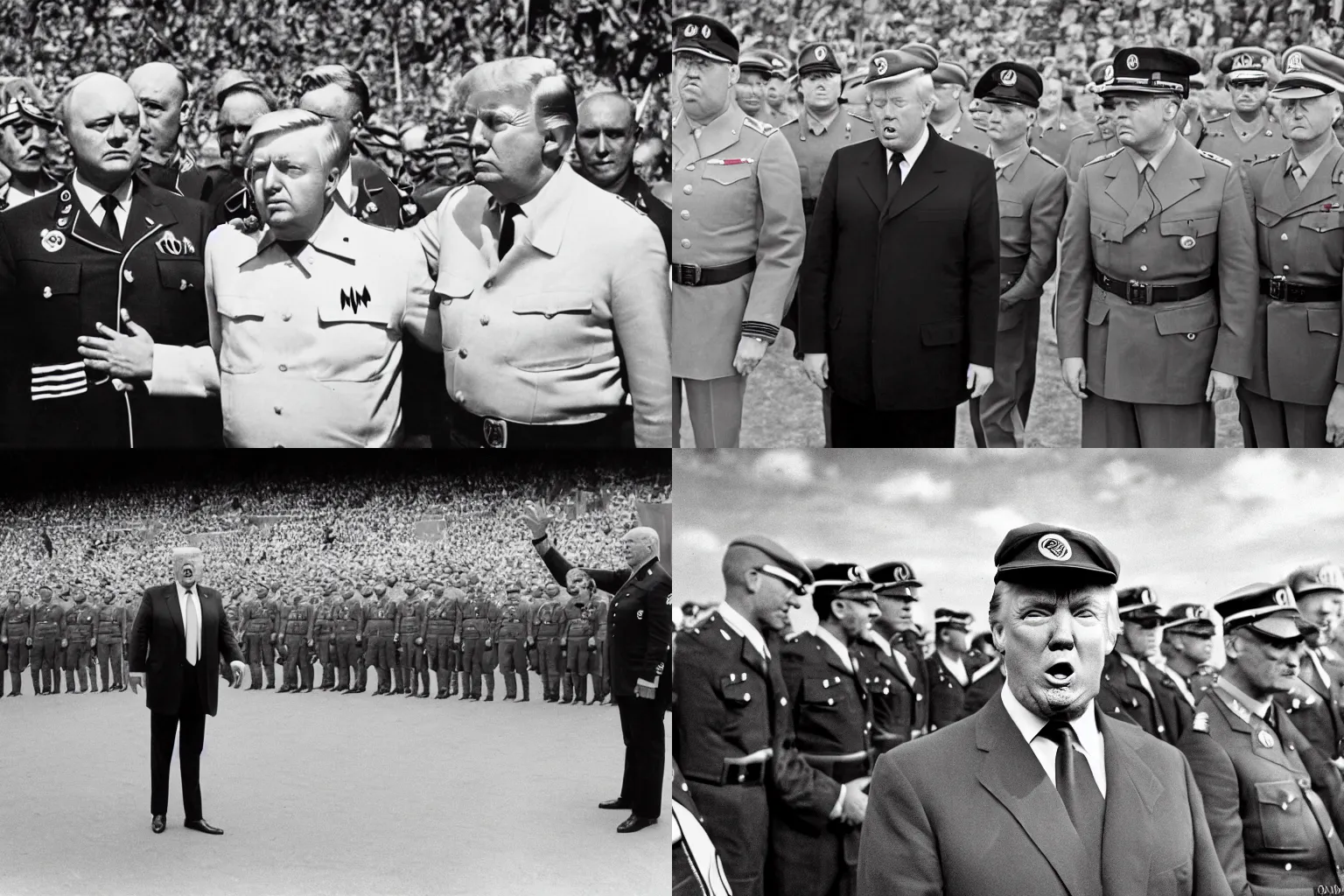 Prompt: upper body portrait of Donald Trump wearing Reichsstaffelführer outfit yelling angrily, standing alongside Schutzstaffel, inside a busy stadium designed by Marcello Piacentini, off-camera flash, canon 24mm f4 aperture, Ektachrome color photograph