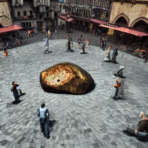 Image similar to A Giant magical gem meteorite in the middle the plaza of a medieval city, beautiful, concept art, sharp focus, highly detailed, intricate, still, photograph, fantasy, medieval, midday, day, sunny, shimmering, realistic, 8k, award winning, trending on artstation, Dungeons and dragons, tabletop, in the style of Wizards of the coast