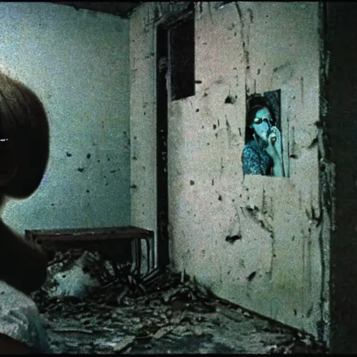 Image similar to 3 5 mm color photography, joel - peter witkin, beksinski, and stephen gammell, video still of abandoned government facility with floating woman with long hair glitch nightmare