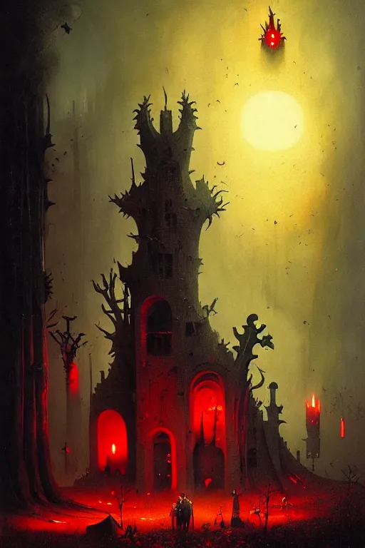 Image similar to hieronymus bosch, greg rutkowski, anna podedworna, painting of the black knight, glowing red evil lights, graveyard