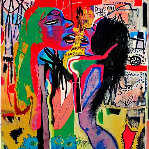 Prompt: acrylic painting of two bizarre psychedelic goth women kissing in japan in a lot of trouble, speculative evolution, mixed media collage by basquiat and jackson pollock, maximalist magazine collage art, sapphic art, psychedelic illustration