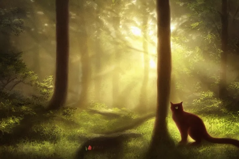 Prompt: a forest with a cat, trending on artstation, by wayne mcloughlin, backlighting