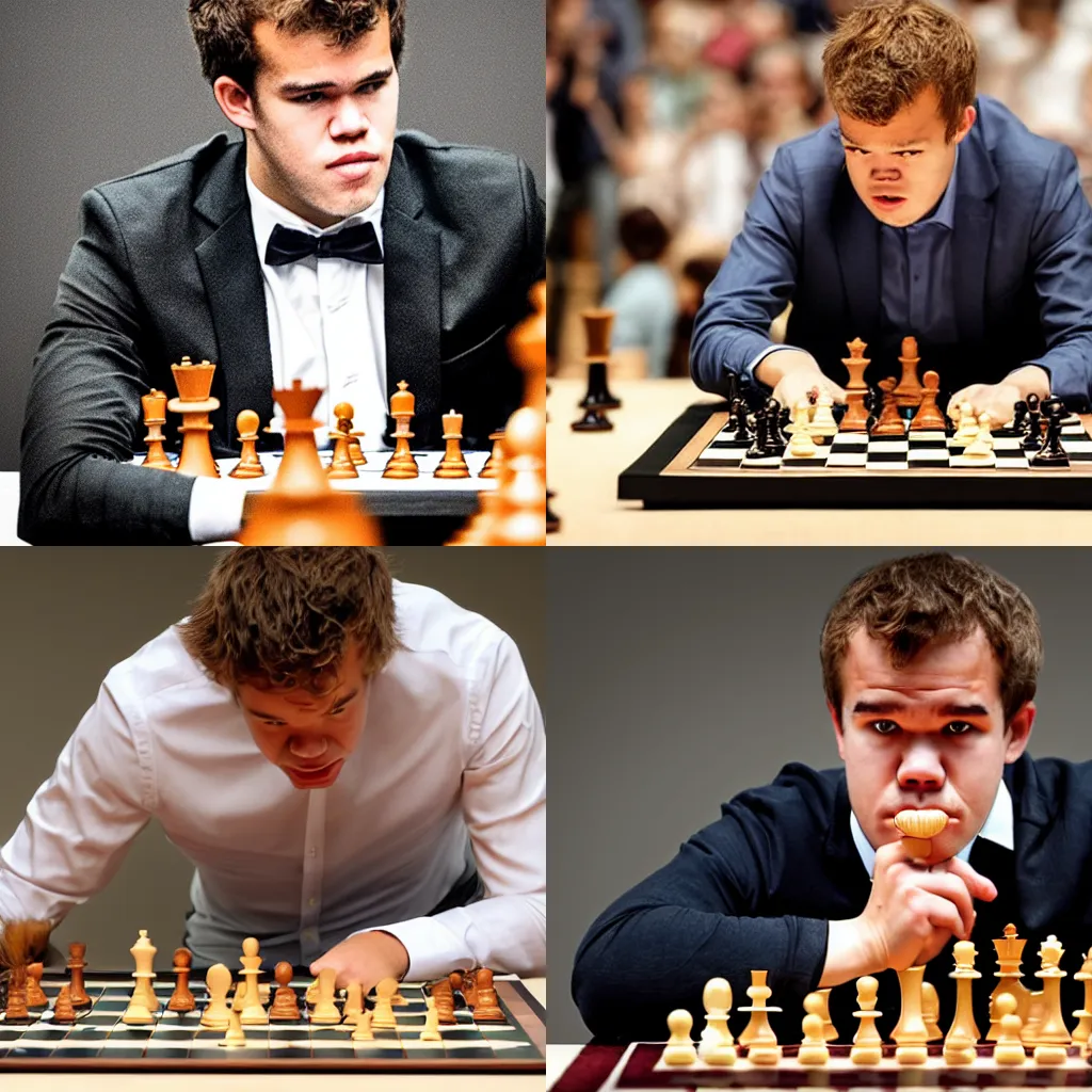 Magnus Carlsen playing chess with Hikaru Nakamura in, Stable Diffusion