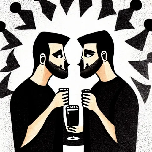 Image similar to two beautiful chad men drinking beers ((hearts)), friendship, love, sadness, dark ambiance, concept by Godfrey Blow, featured on deviantart, drawing, sots art, lyco art, artwork, photoillustration, poster art