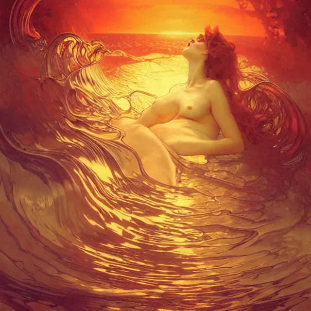 Image similar to mind bending ocean waves of glossy liquid honey drops flowing like psychedelic translucent amber, lsd waves, lsd ripples, backlit, sunset, refracted lighting, art by collier, albert aublet, krenz cushart, artem demura, alphonse mucha