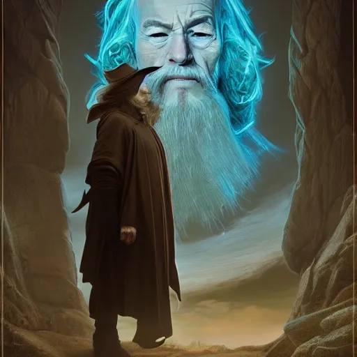 Image similar to patrick stewart as gandalf by leonardo divinci, greg rutkowski, alphonse mucha, mystical cosmic lighting, octane render, artstation, rey tracing, golden ratio, rule of thirds, perfect composition