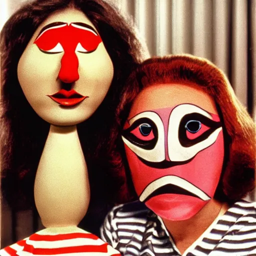Prompt: 1970 woman on tv show with a long prosthetic snout nose, big nostrils, wearing stripes in the park 1970 color archival footage color film 16mmwith hand puppet Fellini Almodovar John Waters Russ Meyer Doris Wishman