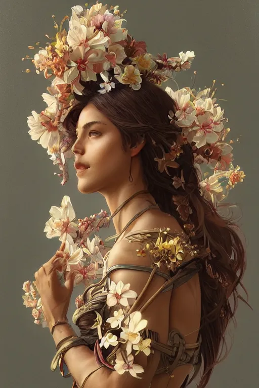 Prompt: ultra realistic illustration, beautiful swahiligirl with flowers blossoming from helmet, elegant, highly detailed, digital painting, concept art, smooth, sharp focus, illustration, art by artgerm and greg rutkowski and alphonse mucha