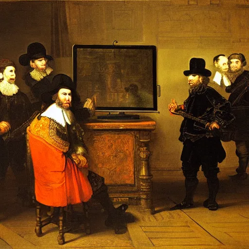 Prompt: a painting of people trading stocks in front of computer screens, in the style of syndics of the drapers'guild ( 1 6 6 2 ) by rembrandt. the screen is showing green and red stock charts