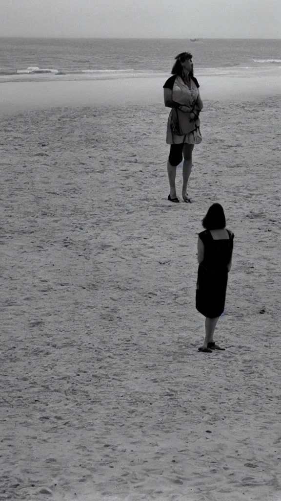 Prompt: a martin parr photo of a woman on the beach