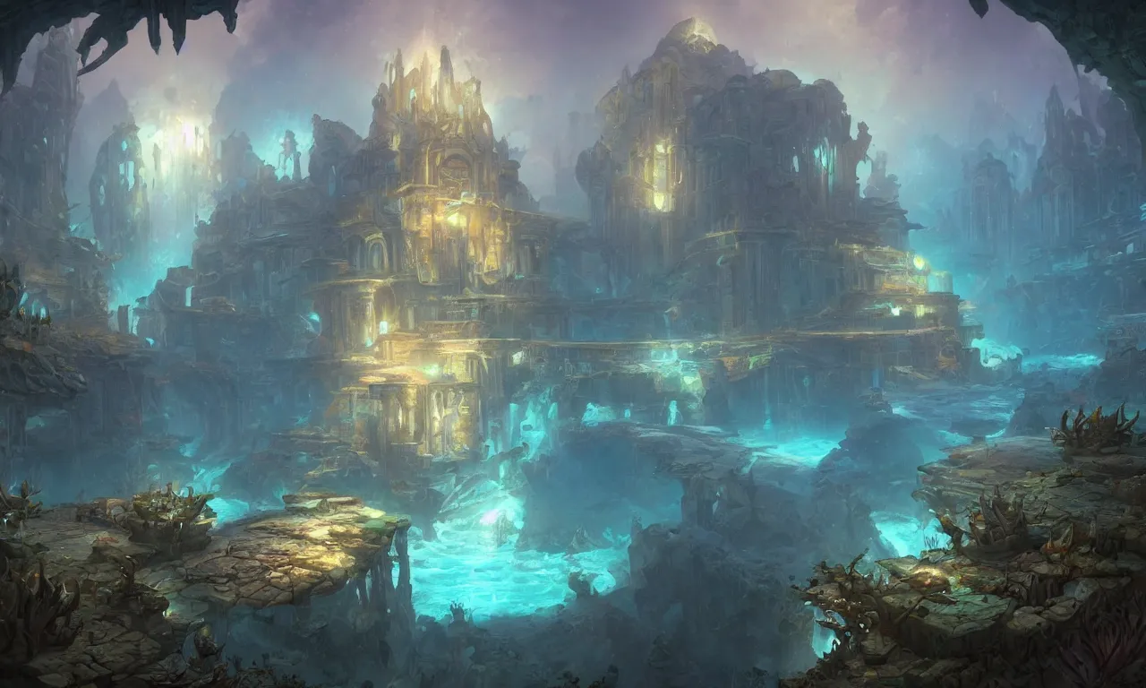 Prompt: a beautiful painting of a lost temple of the underwater world, atlantis, light effect, by tyler edlin and greg rutkowski, unreal engine, trending on artstation