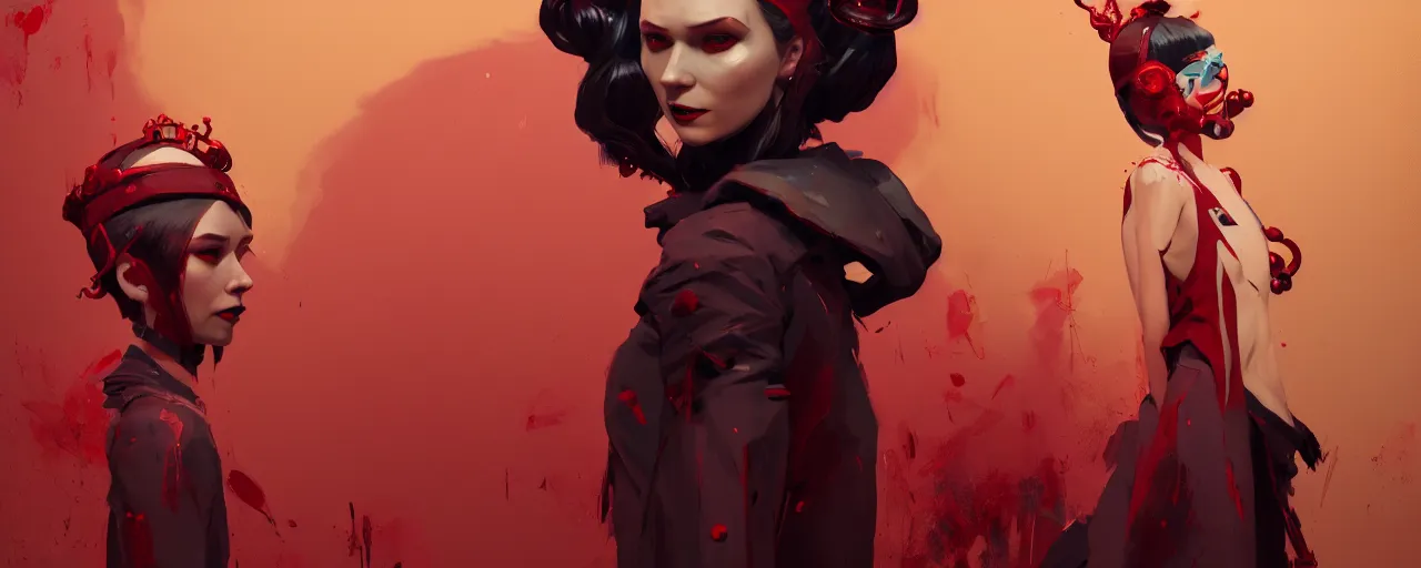 Prompt: duotone crimson noir illustration 3 / 4 portrait of orianna pale bruxa vampire from witcher 3 brownish ginger short hair chin length hairstyle headband brown clothes with golden ornaments. dynamic composition. by sachin teng and sergey kolesov and ruan jia and heng z. graffiti art, scifi, fantasy, hyper detailed. octane render. concept art. trending on artstation