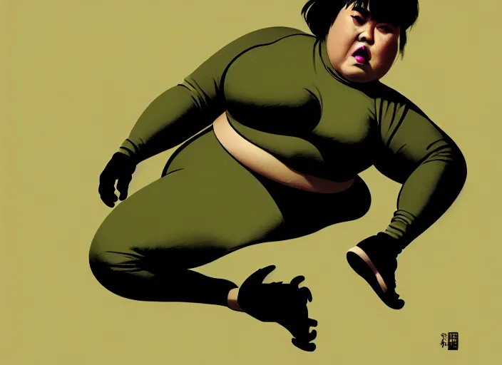 Image similar to duotone olive green gray illustration 3 / 4 portrait of fat woman fighting bruce lee style. dynamic chaotic composition random golden renaissance proportion. author sachin teng and sergei wheelsov and ruan jia and heng z. graffiti art, scifi, sci - fi, hyper detail. octane rendering. concept art. trend on artstation