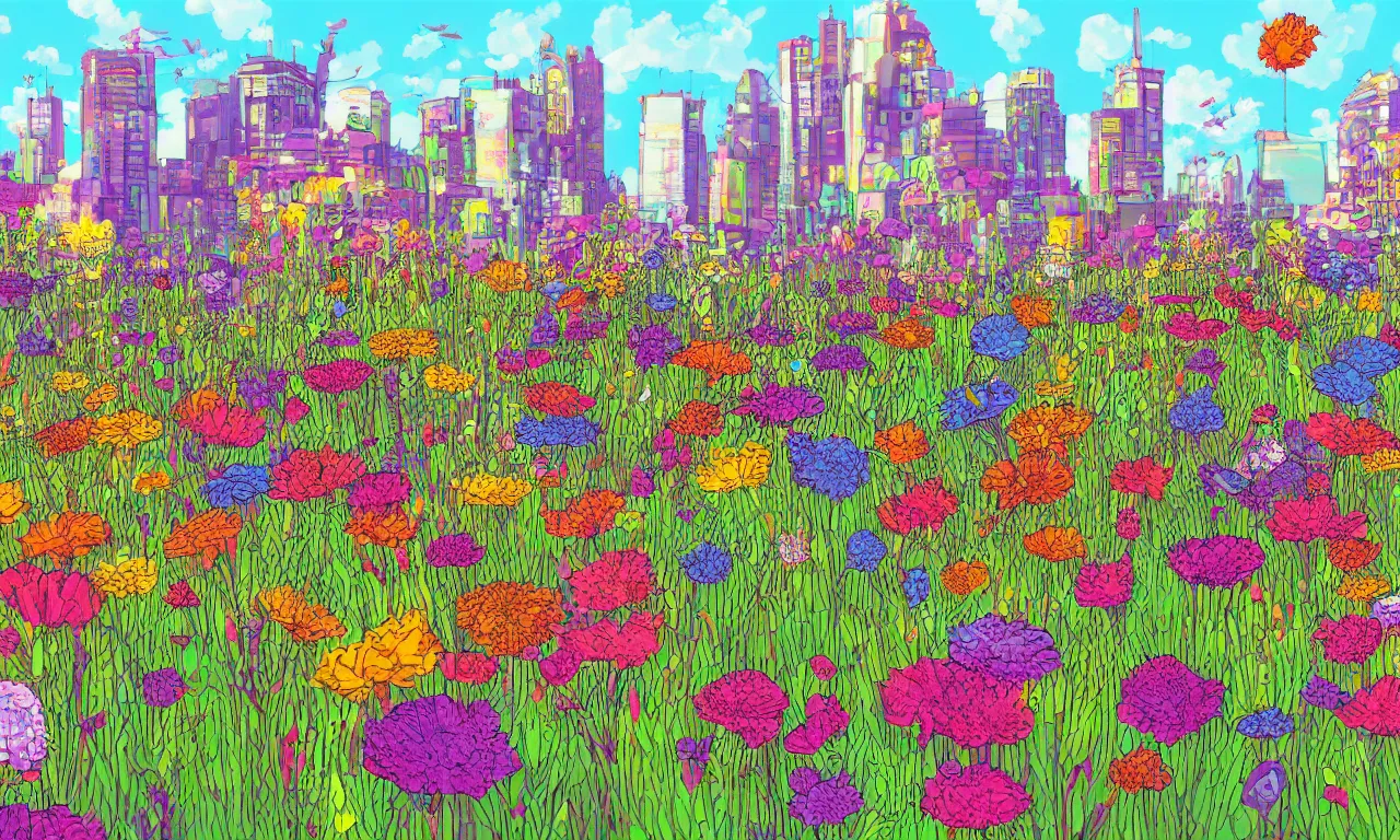 Image similar to twiddle a plopple, field flowers, busy cityscape, digital art, 3 d illustration