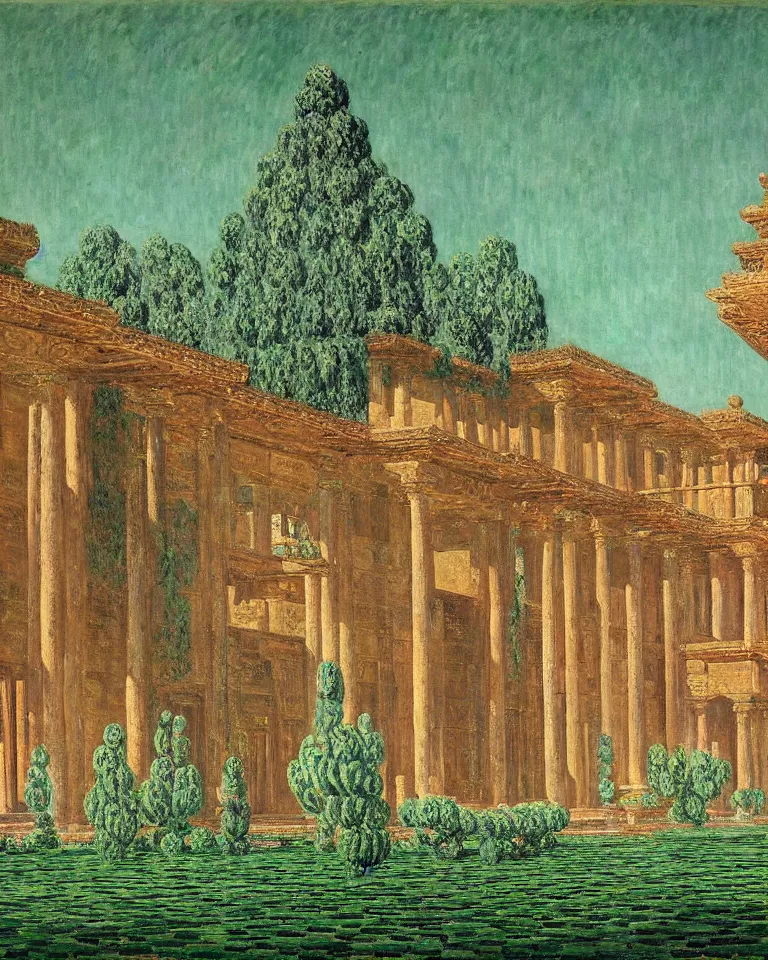 Prompt: achingly beautiful painting of intricate ancient palace on jade background by rene magritte, monet, and turner. giovanni battista piranesi.