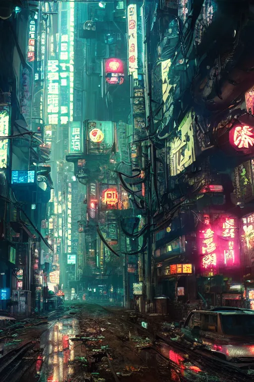 Image similar to cinematic photo of ancient overgrown cyberpunk tokyo with robot, night, rain, flowers, beautifully lit, hyperdetailed, unreal engine, photorealistic, denis villeneuve film look, blade runner set