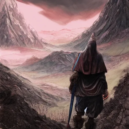 Image similar to man with scars exploring a land where he got a mountain like the mordor to explore, gege akutami style, overdetailed art, realistic, colorfull,