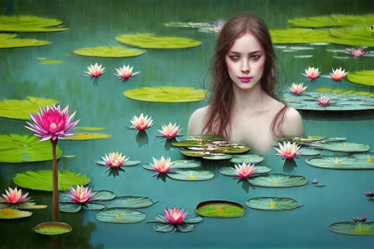 Image similar to light teal portrait in the rain on pond with waterlilies, fantasy, intricate, elegant, dramatic lighting, emotionally evoking symbolic metaphor, highly detailed, lifelike, photorealistic, digital painting, artstation, concept art, smooth, sharp focus, illustration, art by John Collier and Albert Aublet and Krenz Cushart and Artem Demura and Alphonse Mucha