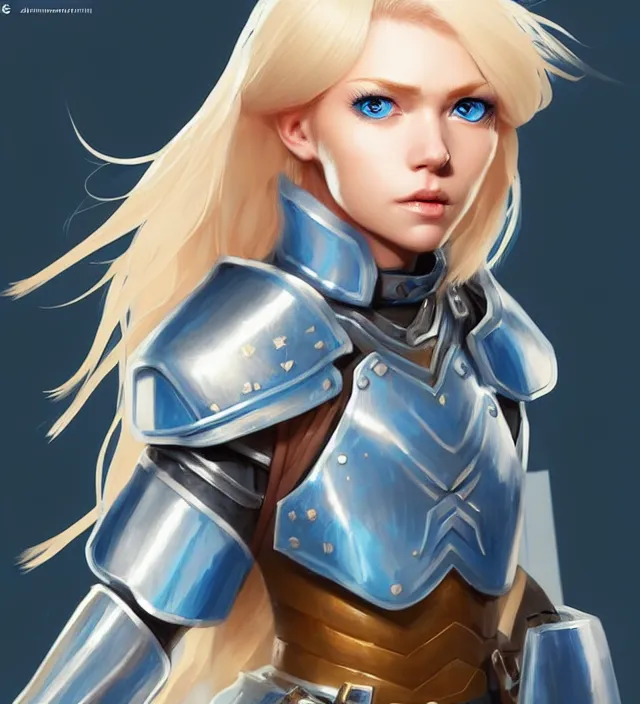 Image similar to character concept art of a cute german woman with blond hair and blue eyes, wearing plastic armor. lovely - fine - face, pretty face, key visual, realistic shaded perfect face, fine details by wlop, james jean, andrei riabovitchev, marc simonetti, sakimichan, trending on artstation