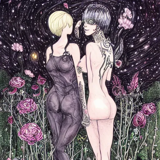 Prompt: blond butch tomboy woman, side by side, taller goth black - haired dark fae woman, in love, romantic in romantic garden at night, mike mignogna, illustration, pen and ink, oil painting, highly detailed, sci fi, dreamy and romantic