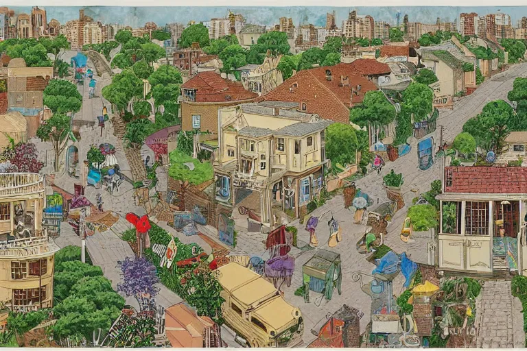 Prompt: an elaborate painting of a peaceful neighborhood, detailed, made of alcohol ink on parchment and penned illustrations, by wes anderson and geoff darrow