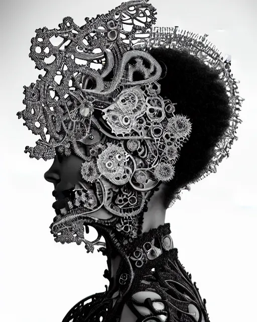 Image similar to surreal black and white photo portrait of complex bio-mechanical beautiful young female vegetal-cyborg with a Mandelbrot fractal metal fine lace face, curled silver hair, 150 mm lens, soft rim light, fine metal floral foliage super big lace collar by Alexander McQueen, high fashion, haute couture, rococo, steampunk, silver filigree details, anatomical, facial muscles, cable wires, microchip, elegant, hyper realistic, octane render, unreal engine, in the style Dora Maar, volumetric lighting, 8k,