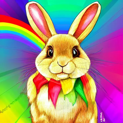 Image similar to portrait friendly cute happy stylish realistic rainbow rabbit. background in the style of art nouveau. lively. colorful. hd.