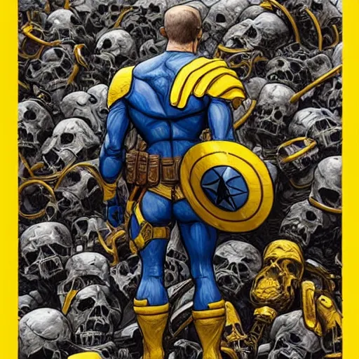 Image similar to a distant full body shot from behind of a super soldier with a yellow and blue flag on his shoulders standing on a pile of skulls in triumph after battle, western, D&D, fantasy, intricate, elegant, highly detailed, digital painting, artstation, concept art, matte, sharp focus, symmetrical, illustration, art by Artgerm and Greg Rutkowski and Alphonse Mucha