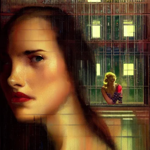 Image similar to detailed portrait of a woman, moment, cyberpunk cloisters, electronic billboards, tech noir, wet reflections, atmospheric, ambient, wlop, livia prima, greg rutkowski, george tooker, gil elvgren, norman rockwell, alexis flower, hopper, mucha, whistler, norman rockwell, peter max,