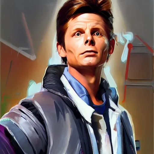 Image similar to greg manchess portrait painting of marty mcfly from back to the future as overwatch character, medium shot, asymmetrical, profile picture, organic painting, sunny day, matte painting, bold shapes, hard edges, street art, trending on artstation, by huang guangjian, gil elvgren, ruan jia, randy vargas, greg rutkowski