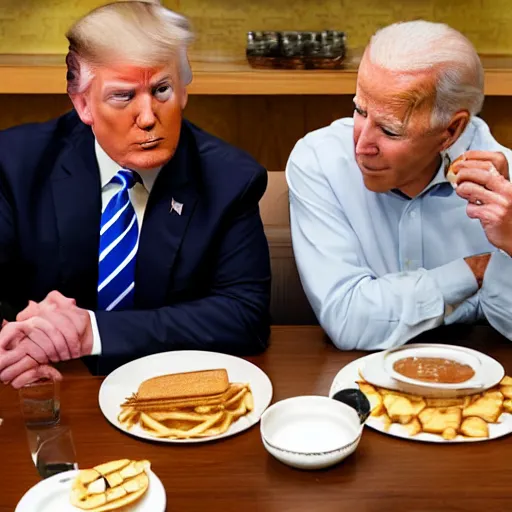 Image similar to photograph of trump and Biden sitting and eating breakfast at a Wafflehouse