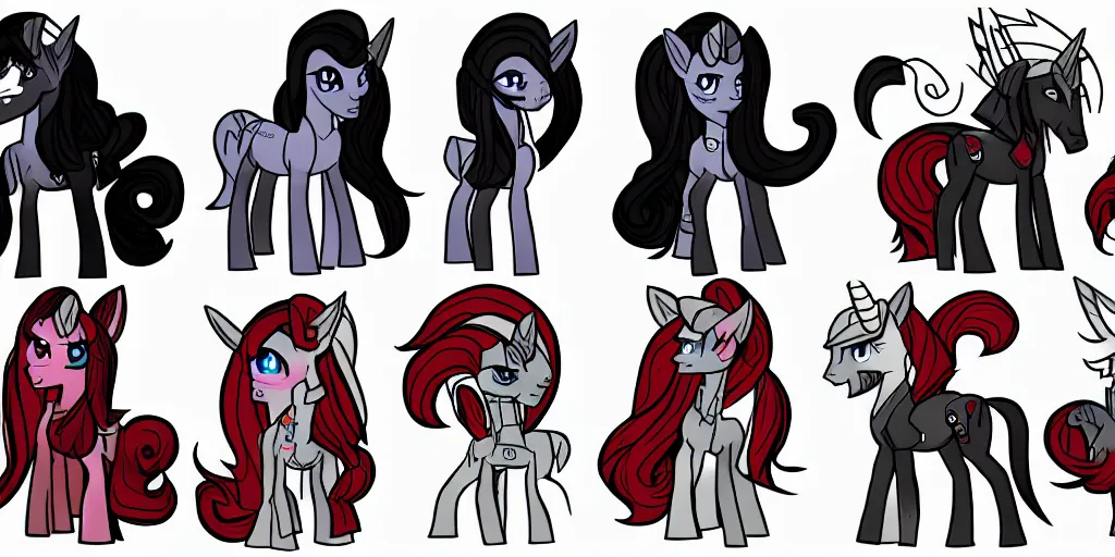 Prompt: Fallout Equestria Project Horizons | Blackjack Character Concept Art | White MLP Unicorn Mare with red and black shaggy hair, and bright, robotic eyes. | Cutie Mark is: Ace and Queen of Spades | Trending on ArtStation, Digital Art, MLP Fanart, Fallout Fanart