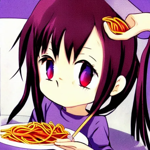 Prompt: anime girl eating spaghetti by madonna