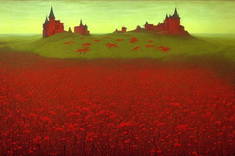 Image similar to only with red, red flowers of different types, a red tiger, a castle in the background, medieval demons dance over the flowers, an ancient path, in the style of beksinski, part by hopper, part by rodcenko, part by hofbauer, intricate composition, red by caravaggio, insanely quality, highly detailed, masterpiece, red light, artstation