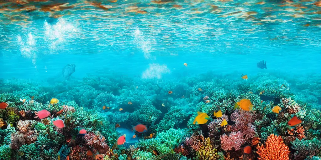 Prompt: a great photograph of the most amazing golf hole in the world, perfect light, under water, colorful coral reef, ambient light, 5 0 mm, golf digest, top 1 0 0, fog