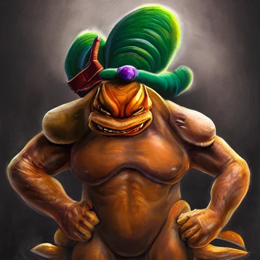 Prompt: An ultra realistic portrait painting of Bowser the Koopa King in the style of Frank Frazetta, 4k, Ultrarealistic, Highly Detailed, Dark Fantasy, Epic Lighting