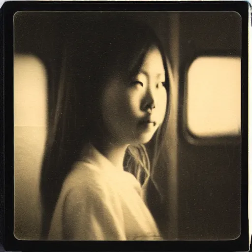 Prompt: polaroid of a young japanese woman on a train at night