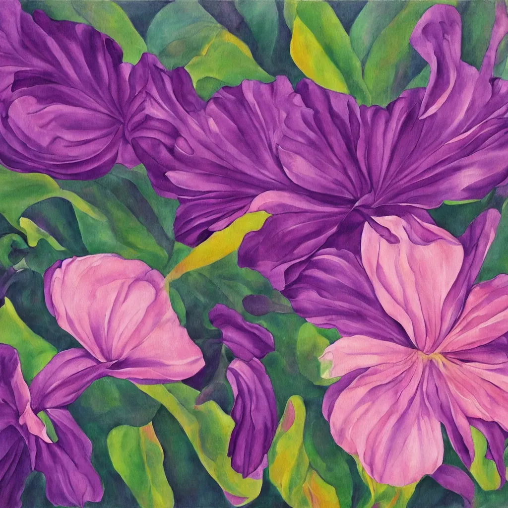 Prompt: a painting of a beautiful flower in the style of georgia o'keeffe, pink and purple colour scheme.