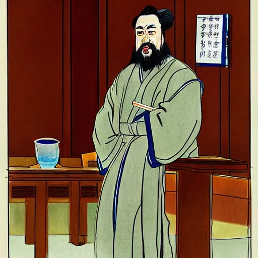 Prompt: Confucius in the american courtroom sketch by John M. Downs and Leo Hershfield