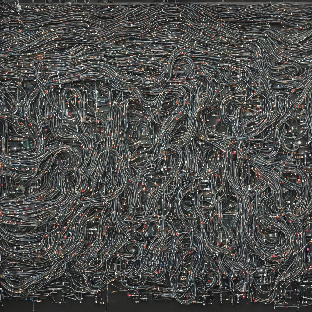 Prompt: Eurorack synthesizer wall with a bunch of patch cable connections, the eurorack's faceplate can be seen perfectly, detailed, high contrast, 8k, in the style of Caravaggio, oil painting