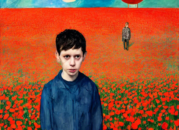 Prompt: portrait of nervous boy with acoustic guitar standing next, field of poppies, hernan bas and pat steir and hilma af klint, psychological, photorealistic, dripping paint, washy brush, rendered in octane, altermodern, masterpiece