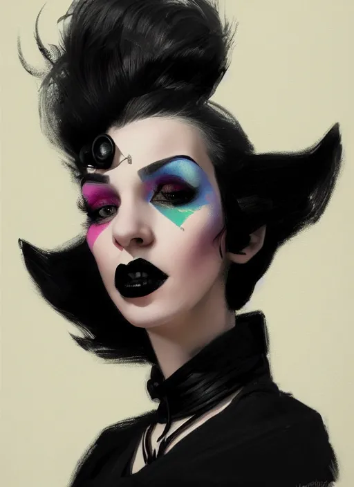 Prompt: portrait of a woman with a crooked nose and a confident expression, 1 9 6 0 s, black clothes, goth, punk, brightly coloured hair, funk, intricate, elegant, highly detailed, digital painting, artstation, concept art, smooth, sharp focus, illustration, art by wlop, mars ravelo and greg rutkowski