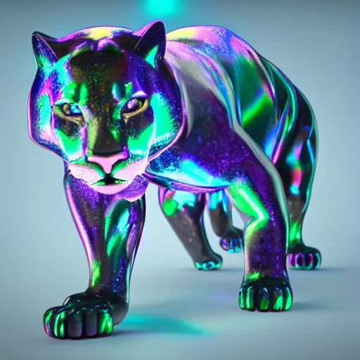 Image similar to multifaceted swarovski panther render, rainbow refraction, polished, highly reflective, porcelain, opal, quartz, diamond volumetric lighting, octane render, 8 k, photorealistic, ultra realistic