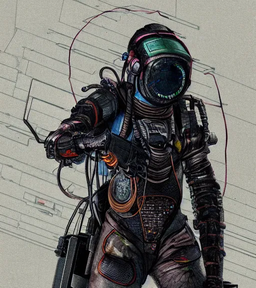 Image similar to realistic cyberpunk japanese engineer with long limbs and a black spacesuit carrying welder, techwear, dead space, visible face, Industrial Scifi, detailed illustration, character portrait, by Martin Grip and Moebius