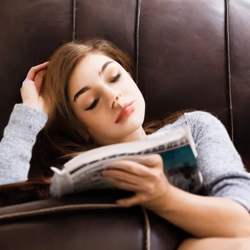 Prompt: a girl laying in a leather sofa reading a magazine