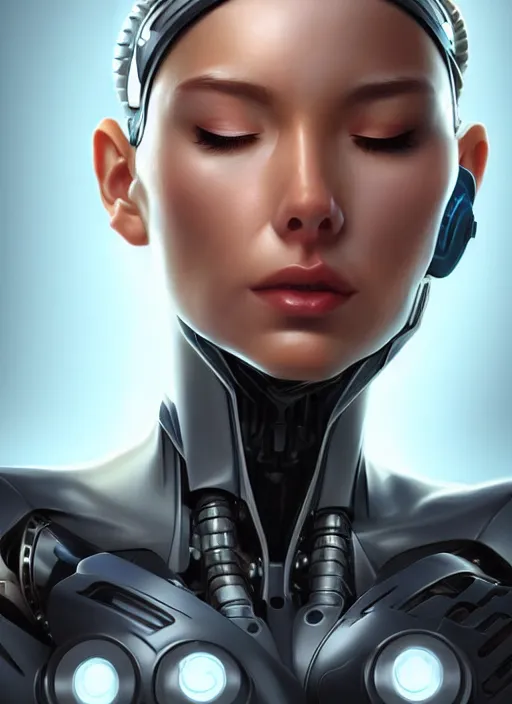 Image similar to portrait of a cyborg woman who turns her head to the (((((right))))) left by Artgerm,eyes closed , biomechanical, hyper detailled, trending on artstation