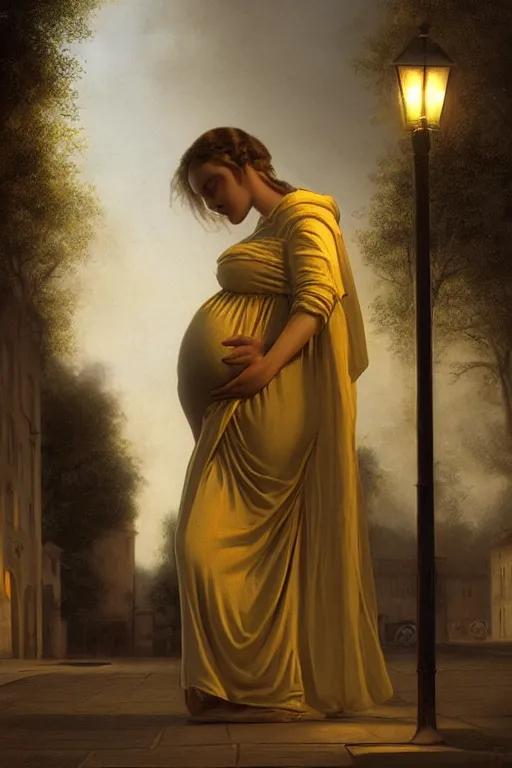 Prompt: pregnant woman under street light, highly detailed, sharp focused, ultra realistic digital concept art by Edmund Blair Leighton